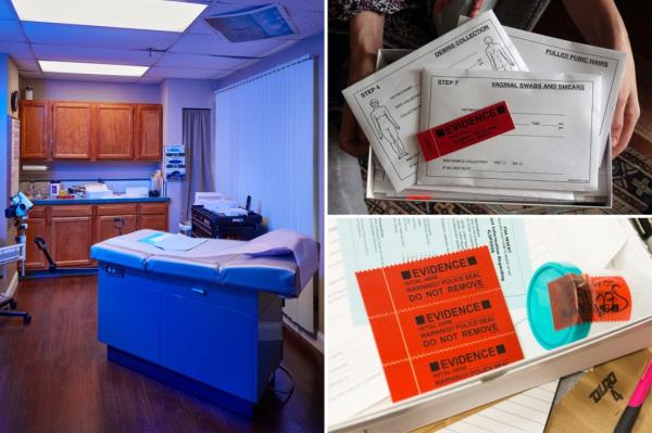 Photo shows a hospital exam table and a rape kits evidence bottle and labels.