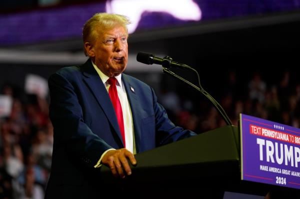 Republican presidential candidate former President Do<em></em>nald Trump speaks at a campaign rally, Saturday, June 22, 2024, at Temple University