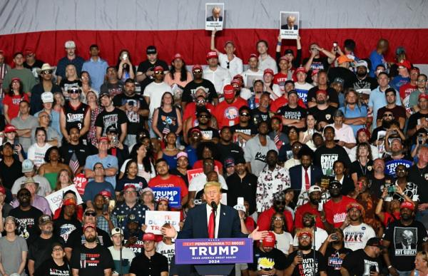 Former US President and Republican presidential candidate Do<em></em>nald Trump speaks at a rally in Philadelphia on June 22, 2024.