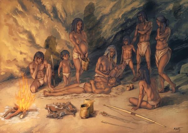 Artistic recreation of the use of Mesolithic baskets by a group of hunter-gatherers in the Cueva de los Murciélagos de Albu?ol. 