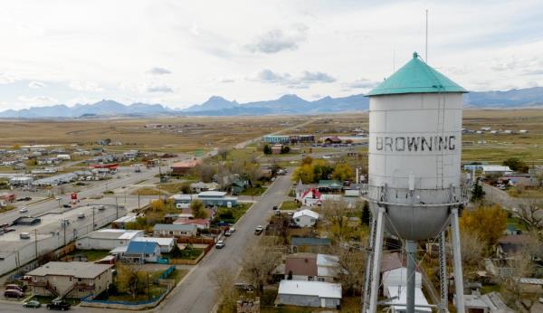 An aerial view of the unincorporated city of Browning, Montana, the headquarters for the Blackfeet Indian Reservation.