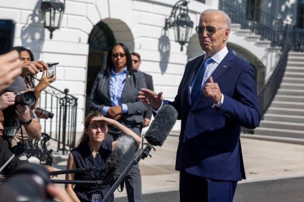 President Joe Biden speaks to the media before he departs the White House on October 05, 2024 in Washington, DC.