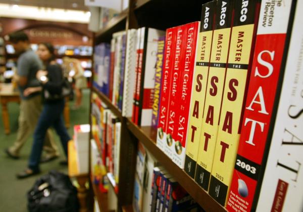 SAT prep books at a bookstore. 