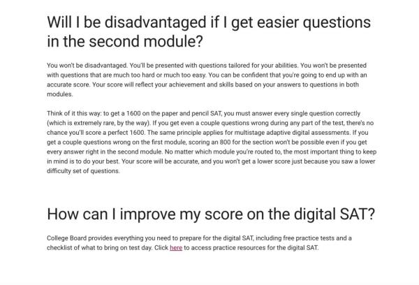 Screenshot a<em></em>bout the easier section on the College Board website. 