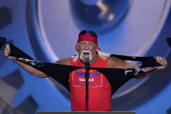 Hulk Hogan tears off his shirt while speaking on the final night of the Republican Natio<em></em>nal Co<em></em>nvention on Thursday, July 18, 2024, in Milwaukee