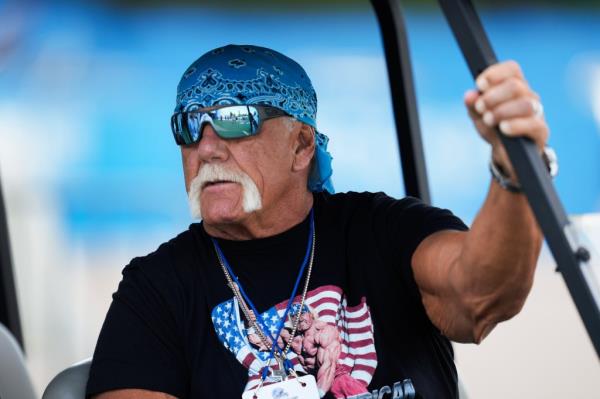 Former professio<em></em>nal wrestler Hulk Hogan watches during a Detroit Lions NFL football practice in Allen Park, Mich., Thursday, July 25, 2024.