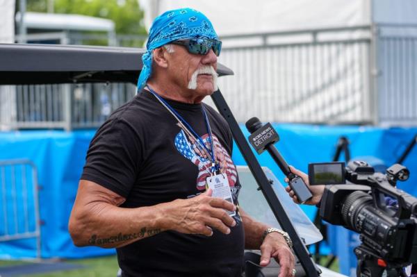 Former Wrestler Hulk Hogan talks to the media during day two of the Detroit Lions training camp at the Detroit Lions Headquarters in Dearborn, Mich. on Thursday, July 25, 2024.