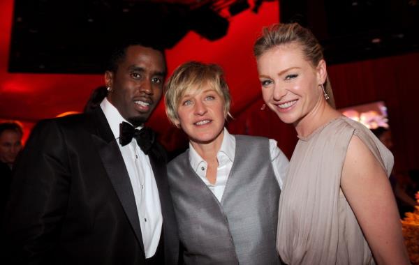 Diddy, Ellen DeGeneres, and Portia de Rossi at at the 16th Annual Elton John AIDS Foundation Oscar Party in Feb. 2008