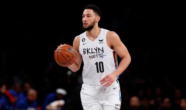 Brooklyn Nets guard Ben Simmons (10) dribbles the balll against the Philadelphia 76ers during the first half at the Barclays Center in Brooklyn, N.Y. Saturday, Feb. 11, 2023.