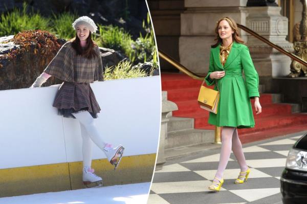 A collage of two images of Leighton Meester as Blair Waldorf: one includes a figure skating outfit and the other features Meester in a green coat.