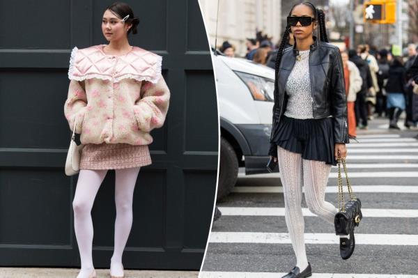 Two images of guests at Sandy Liang's NYFW show and Coach's NYFW show respectively wear white tights with their looks.