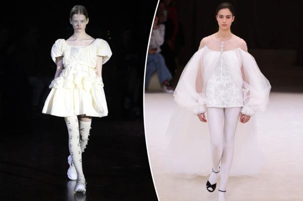 A side-by-side of models in white tights from Simone Rocha 2022 and Chanel 2024