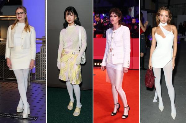 Four photos show Angourie Rice, Jihoon Kim, Kristen Stewart, and Saskia Teje wearing white tights.