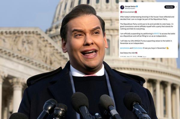 Rep. George Santos (R-NY) talks to reporters as Republicans in the U.S. House of Representatives hold a meeting to try to unite around a new speaker to lead their fractious and narrow majority at the U.S. Capitol in Washington, U.S., October 12, 2023. 