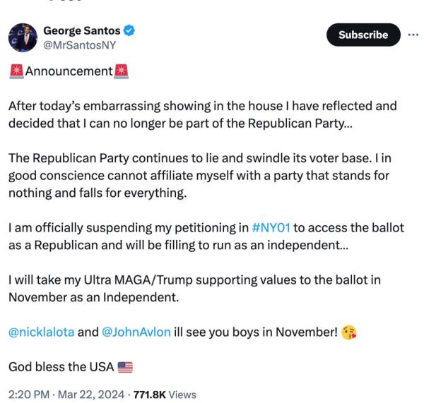 Expelled Long Island co<em></em>ngressman George Santos says he's leaving the Republican Party.