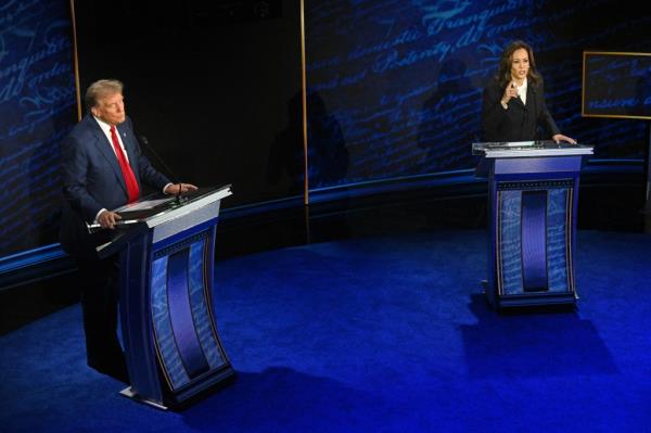 Former President Do<em></em>nald Trump and Vice President Kamala Harris on stage at the presidential debate in Philadelphia on Sept. 10, 2024.