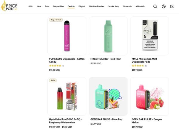 Screenshot of the homepage of Price Point NY with some flavored vape pens