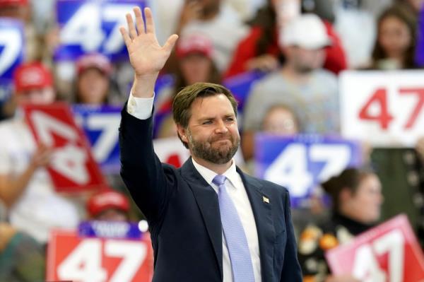 Republican vice presidential nominee Sen. JD Vance, R-Ohio, waving after speaking at a campaign event at Penn State Behrend Erie Hall, 2024.