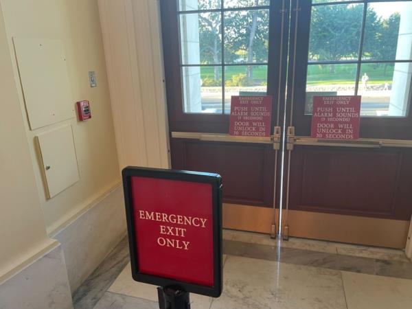 Photo of a fire alarm reportedly pulled by Rep. Jamaal Bowman (D-NY) in the Cannon House Office Building. Bowman allegedly pulled the alarm Saturday, Sept. 30, 2023, as Democrats tried to delay a bipartisan vote on a Republican stopgap spending bill. (Photo by Breitbart News)