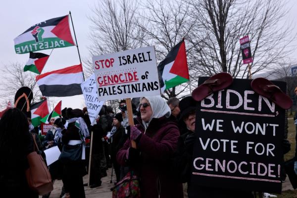 People gather in support of Palestinians outside of the venue wher<em></em>e US President Joe Biden is speaking to members of the United Auto Workers (UAW) at the UAW Natio<em></em>nal Training Center, in Warren, Michigan, on February 1, 2024. 