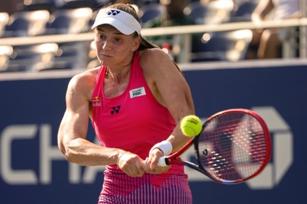 Elena Rybakina, of Kazakhstan, returns a shot to Destanee Aiava, of Australia, during the first round of the U.S. Open tennis championships, Tuesday, Aug. 27, 2024.