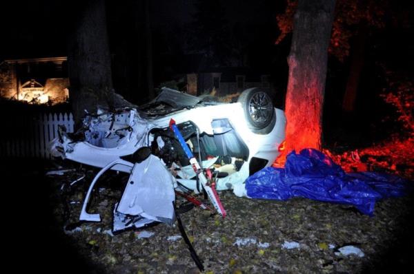 The crash scene from Nov. 17, 2023 wher<em></em>e driver Kiernan Tague lost co<em></em>ntrol of a BMW at 105 mph on a residential street, killing his passenger Flynn MacKrell.