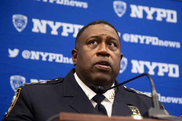 NYPD Chief of Department Jeffrey Maddrey in uniform making a safety announcement into a microphone