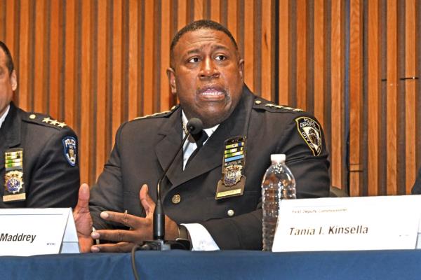 NYPD Chief of Department Jeffrey Maddrey in uniform speaking into a microphone at a press conference