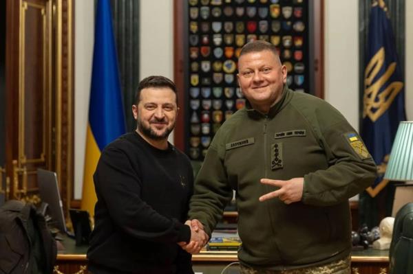 Ukrainian Presidential Press Office, Ukrainian President Volodymyr Zelenskyy, left, shake hand with Commander-in-Chief of Ukraine's Armed Forces Valerii Zaluzhnyi during their meeting in Kyiv, Ukraine, Thursday, Feb. 8, 2024.