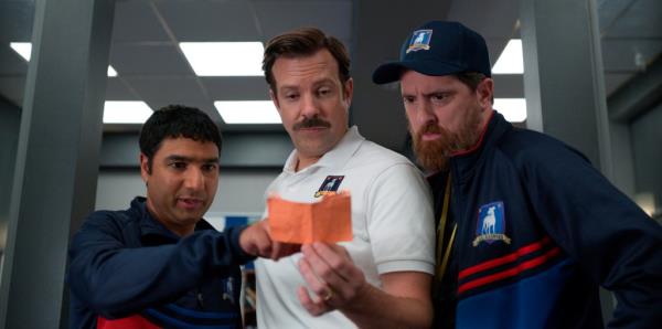 Nick Mohammed, from left, Jason Sudeikis, and Brendan Hunt in 