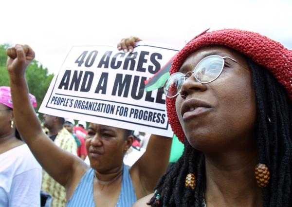 A woman holding a sign at a slave reparations rally in Washington, D.C.