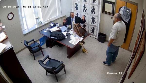 Security camera footage showed Shawn Stines shooting Kevin Mullins several times in his own chambers.