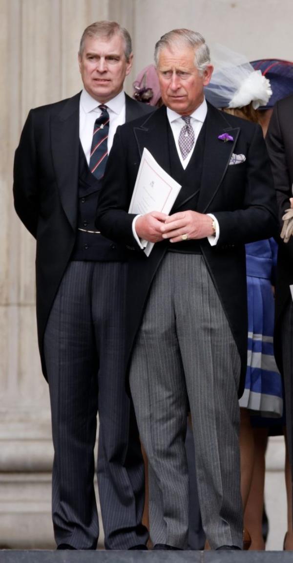 Prince Charles and Prince Andrew in suits attending Queen Elizabeth II's Diamond Jubilee service at St. Paul's Cathedral, London, on June 5, 2012