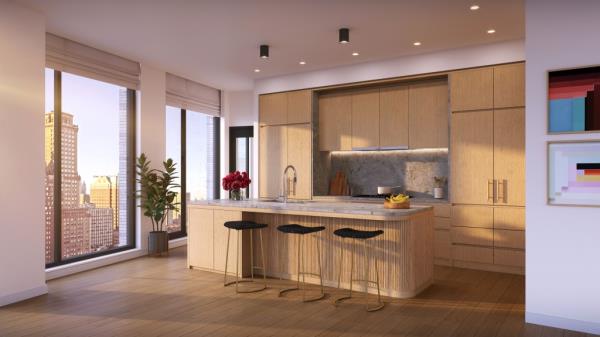 An open kitchen inside a stylish One Boerum Place home.