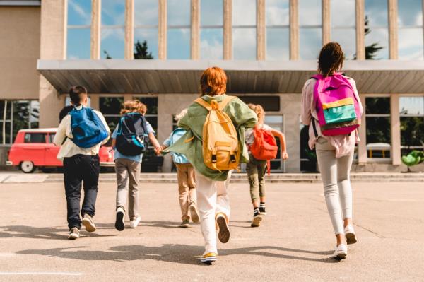 A group of school kids walking towards a school building.