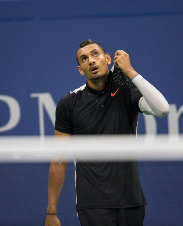 Nick Kyrgios holding a towel during his match against Andy Murray at the US Open Tennis evening session on September 1st, 2015