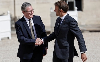 Emmanuel Macron, the French president, welcomes Sir Keir Starmer, the Prime Minister, to the Elysee Palace in Paris today