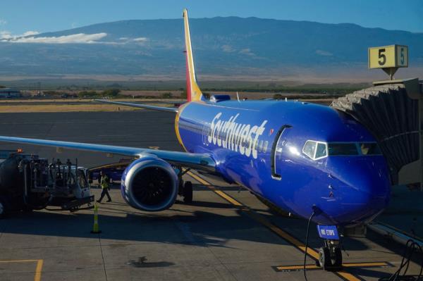 Southwest plane at airport gate on Aug. 16, 2023.