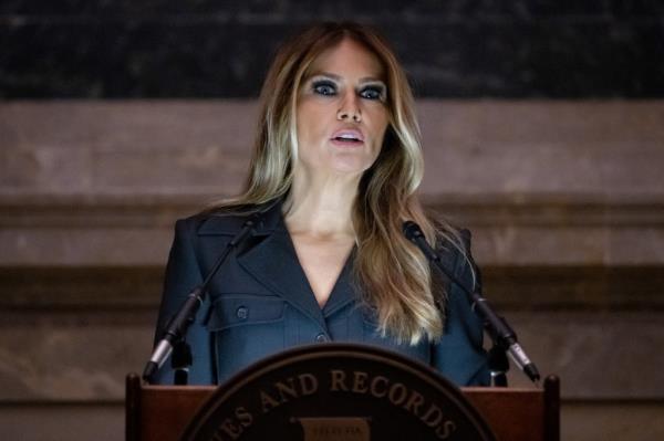 Former US First Lady Melania Trump speaks during a Naturalization Ceremony at the Natio<em></em>nal Archives building in Washington, DC on December 15, 2023. 