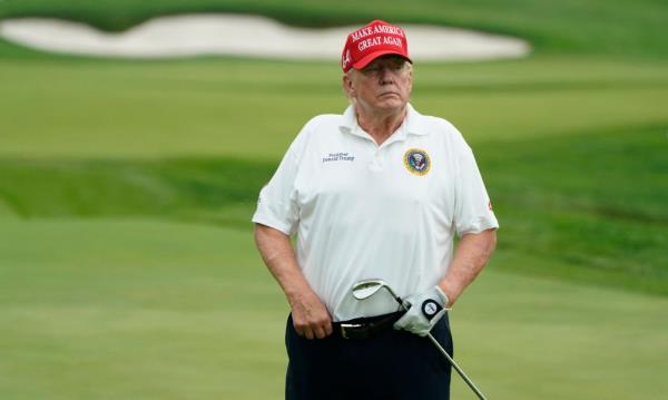 Former US President and 2024 Presidential hopeful Do<em></em>nald Trump stands on the green during the Official Pro-Am Tournament ahead of the LIV Golf Invitatio<em></em>nal Series event.