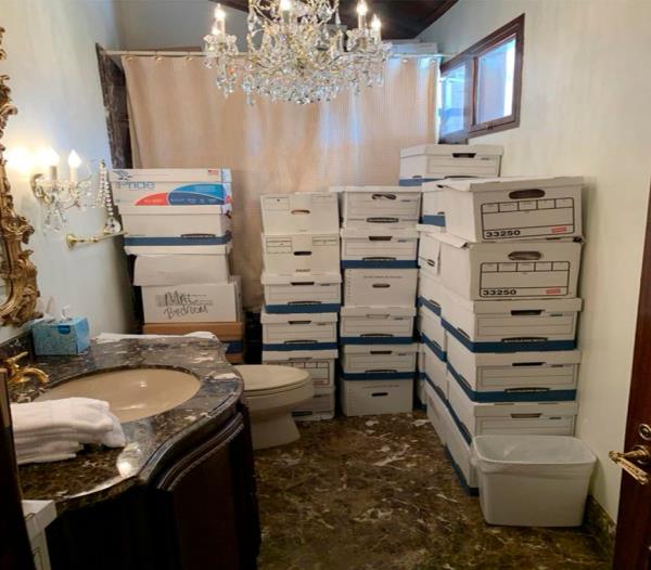 Boxes of records stored in a bathroom and shower in the Lake Room at Trump's Mar-a-Lago estate in Palm Beach, Fla.