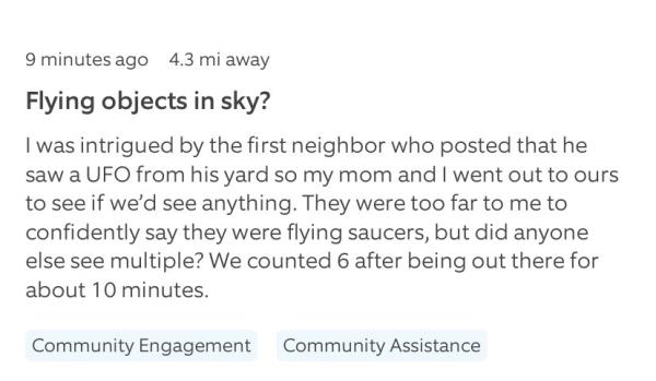 Screenshot of a chat discussing locals' experiences of UFO sightings and their unusual movements in Southern California skies