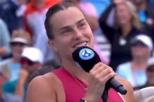 Aryna Sabalenka speaks after her Cincinnati Open win in August 2024.