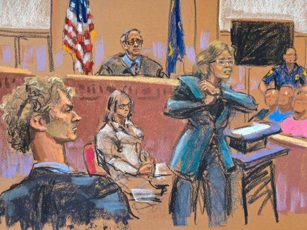 A sketch of Daniel Penny and prosecuter Dafna Yoran during opening statements