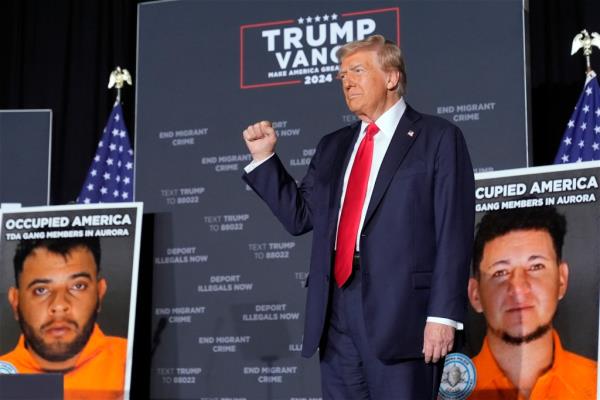 Do<em></em>nald Trump arrives for a campaign rally at the Gaylord Rockies Resort & Co<em></em>nvention Center, Friday, Oct. 11, 2024, in Aurora, Colo.