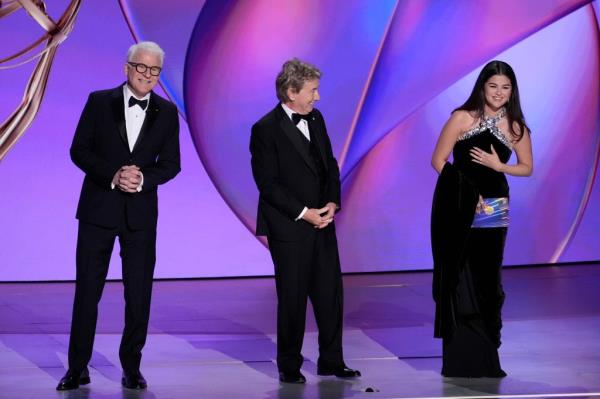 Steve Martin, from left, Martin Short, and Selena Gomez present the award for outstanding supporting actor in a comedy series during the 76th Primetime Emmy Awards.