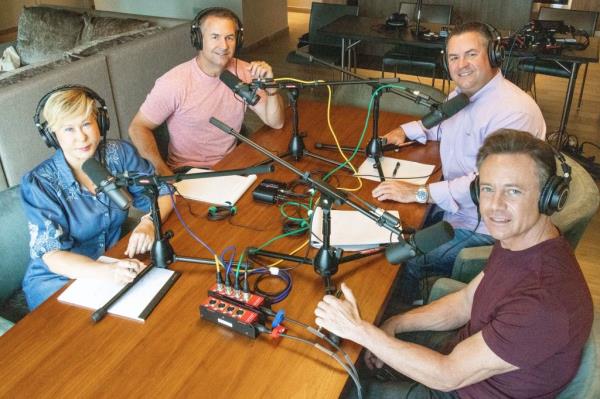 Pictured: From left: Yeardley Smith, Dan Grice, Dave Grice and Paul Holes record the podcast 