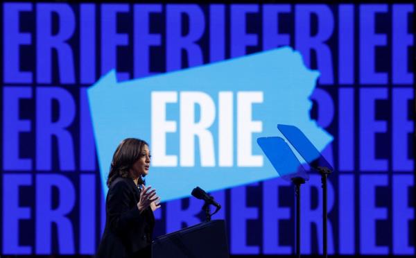 Democratic presidential nominee and U.S. Vice President Kamala Harris speaks at a campaign rally, in Erie, Pennsylvania, U.S., October 14, 2024. 