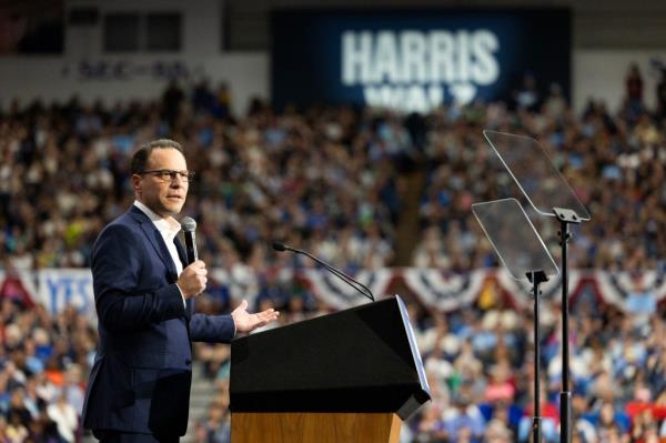 Governor of Pennsylvania Josh Shapiro speaks during a campaign event for US Vice President and Democratic presidential candidate Kamala Harris in Pittsburgh, Pennsylvania, on October 10, 2024.