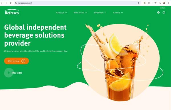 Screen shot of the Refresco website, showing a beverage in a glass and the words, 